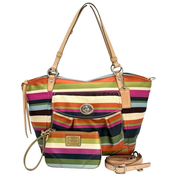 Coach Handbags - Coach Legacy Multicolor Turnlock Satin Stripe Leah Tote + Wristlet